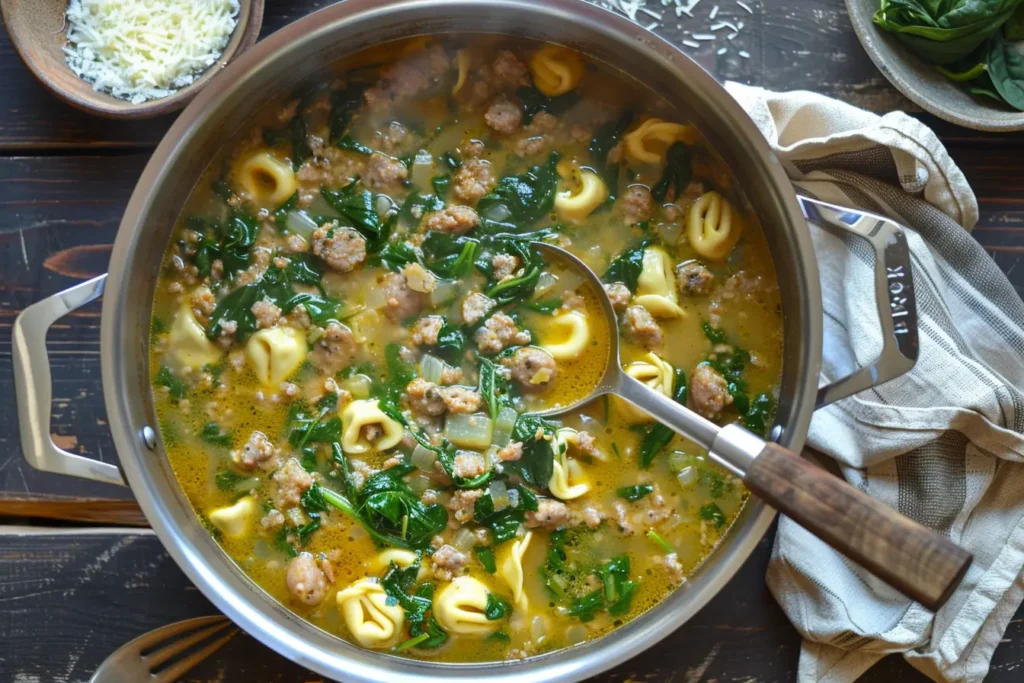 A top-down view of sausage spinach tortellini soup cooking in a large pot, with a ladle lifting a portion filled with tortellini, sausage, and fresh spinach.