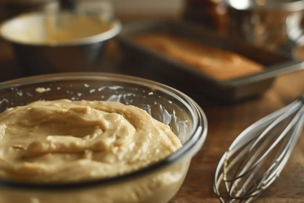 A glass mixing bowl filled with cake batter next to a loaf pan, showing the right amount of batter for baking.