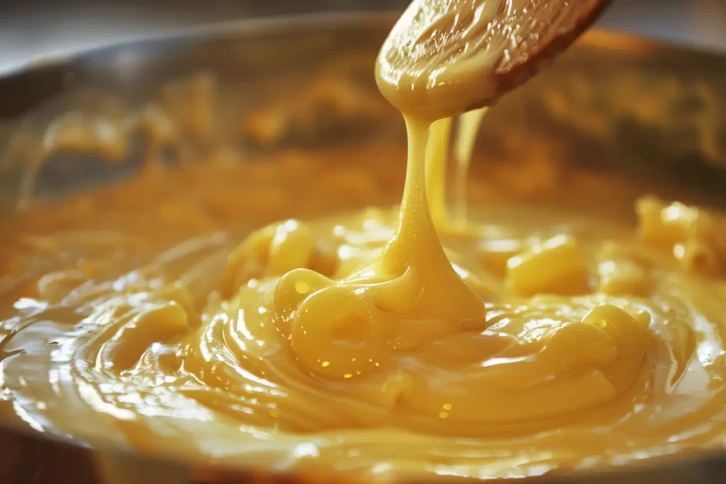 A pot of creamy mac and cheese being stirred with a wooden spoon, showcasing a rich and velvety cheese sauce made from cheddar, Gruyère, Parmesan, and Fontina.