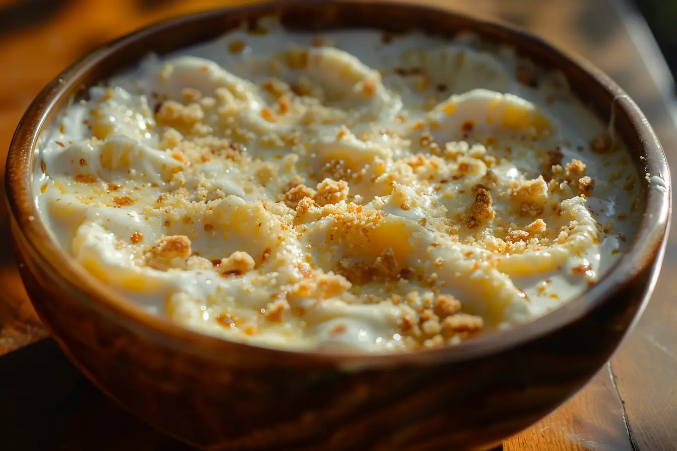 A bowl of creamy white cheddar mac and cheese with a golden breadcrumb topping, served in a rustic dish.