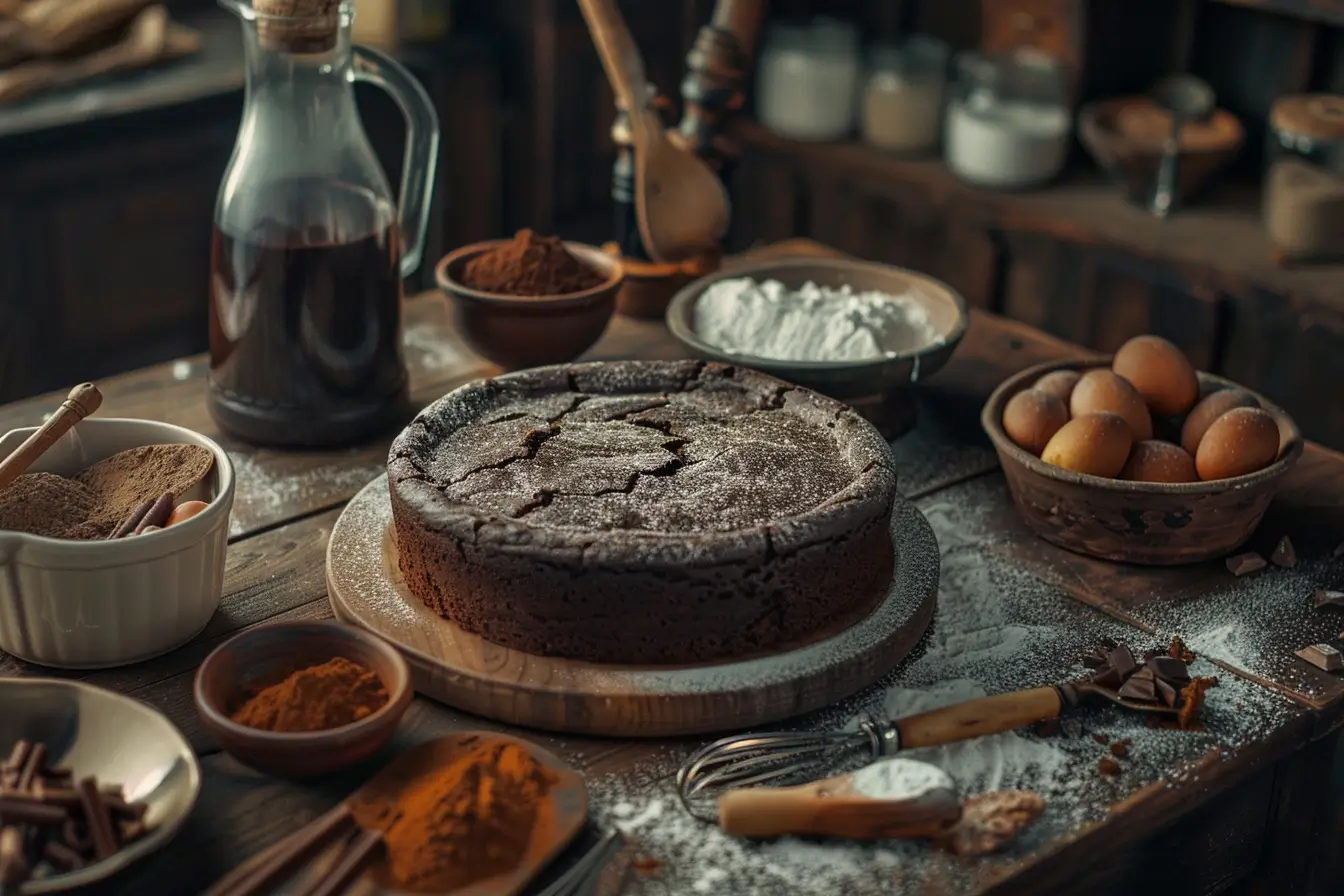 A freshly baked Crazy Cake on a rustic wooden table, topped with powdered sugar and surrounded by simple baking ingredients