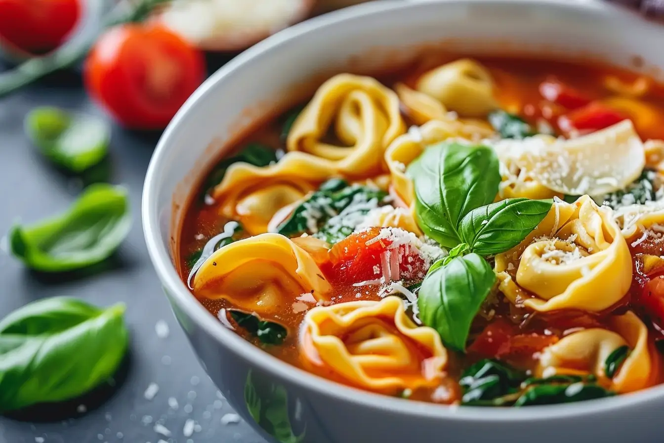 A bowl of tortellini soup with fresh vegetables and a tomato-based broth, garnished with basil and Parmesan cheese.