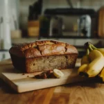 A freshly baked banana bread loaf on a wooden cutting board, with a few slices cut to reveal its moist texture. A bunch of ripe bananas sits beside the loaf.