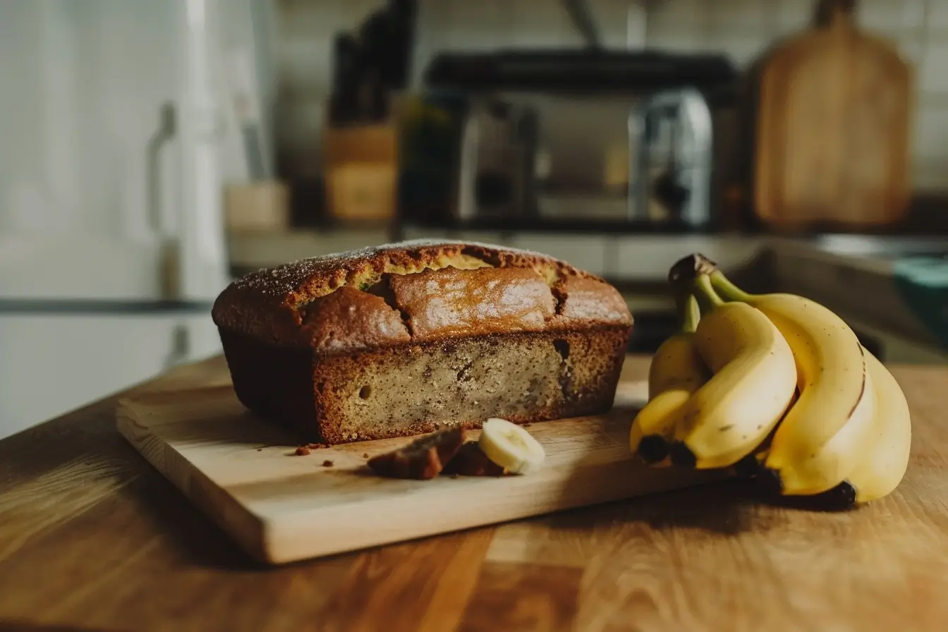 A freshly baked banana bread loaf on a wooden cutting board, with a few slices cut to reveal its moist texture. A bunch of ripe bananas sits beside the loaf.