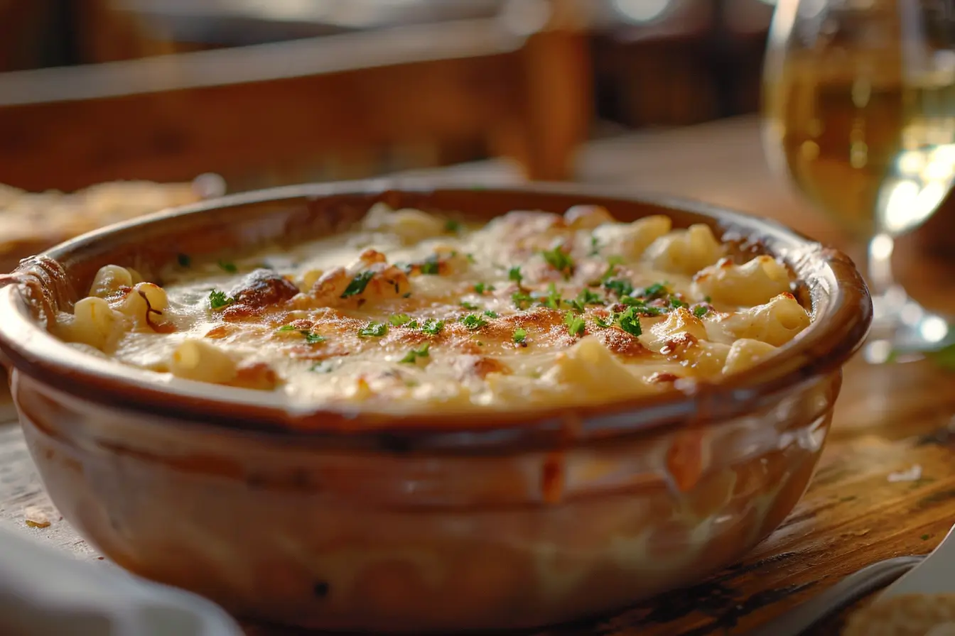 A gourmet bowl of mac and cheese made with cheddar, Gruyère, Parmesan, and Fontina, garnished with fresh herbs and served in a rustic dish.