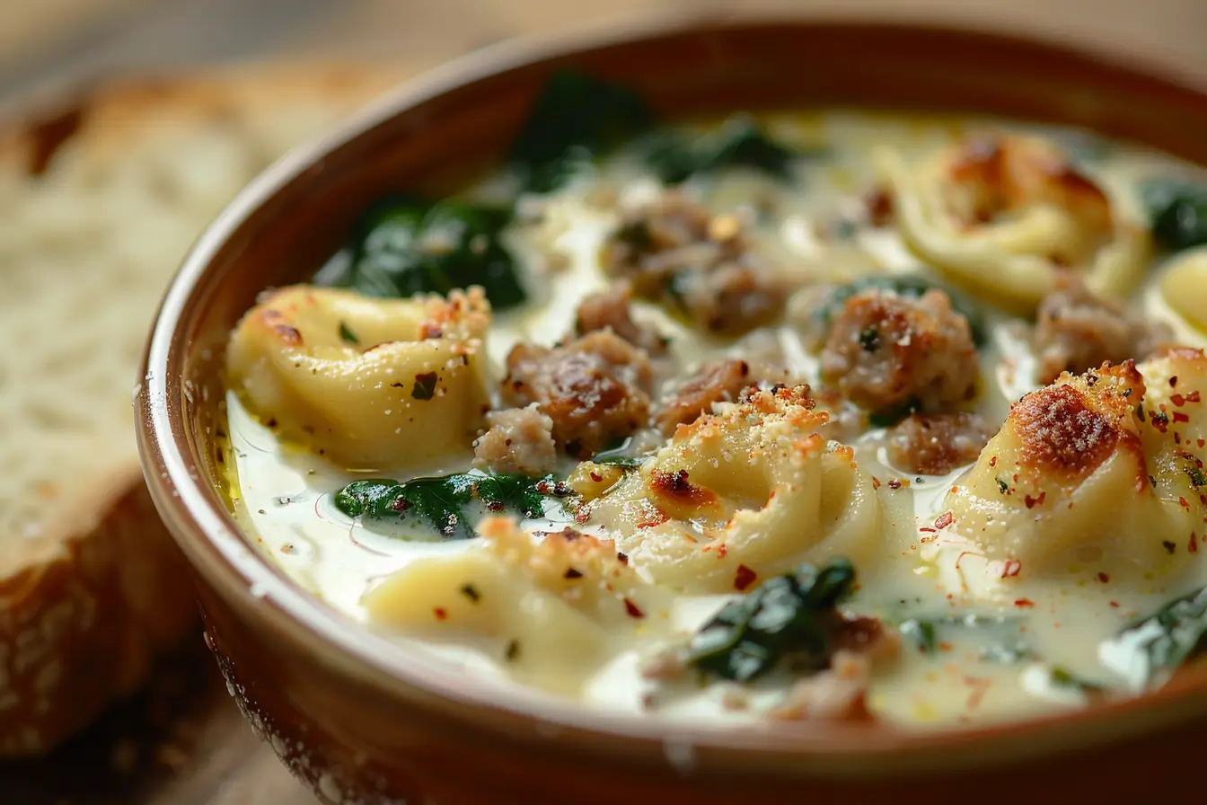 A bowl of sausage spinach tortellini soup with a creamy broth, garnished with fresh Parmesan and red pepper flakes, served with a side of crusty garlic bread.