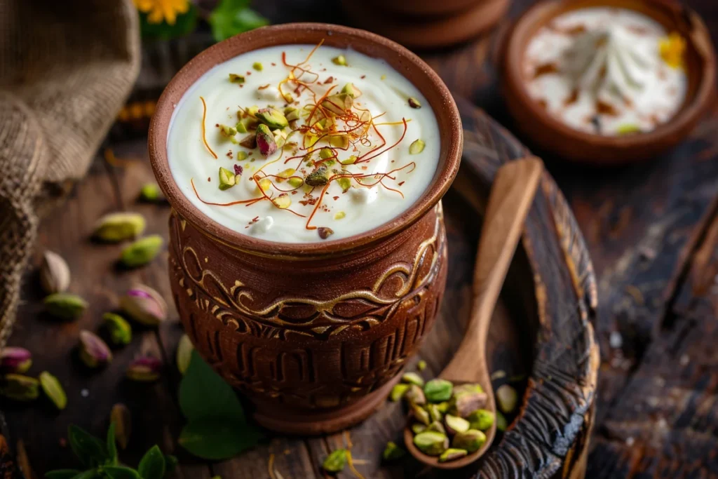 Freshly blended homemade lassi served in a glass, garnished with saffron strands and crushed pistachios.