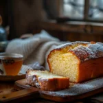 A freshly baked golden loaf cake on a wooden board, with a few slices cut to reveal its soft, moist interior.