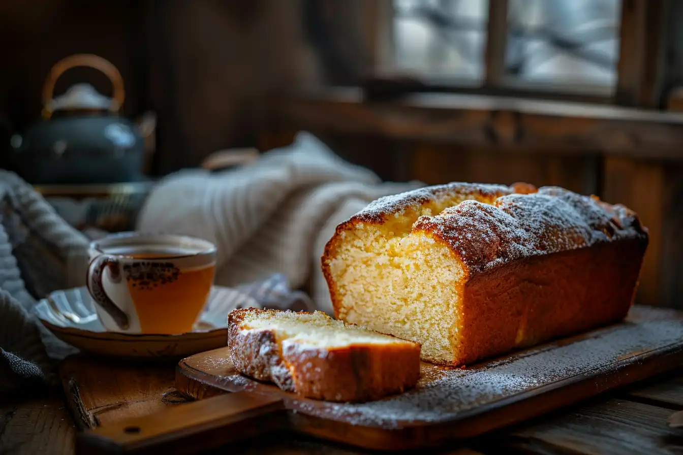 A freshly baked golden loaf cake on a wooden board, with a few slices cut to reveal its soft, moist interior.