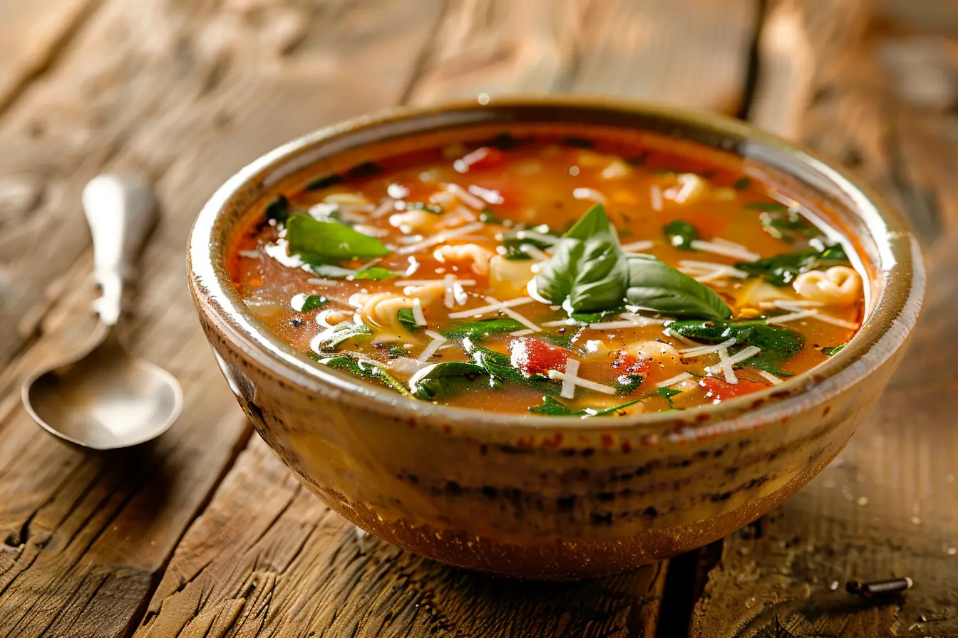 A bowl of homemade tortellini soup with a rich broth, fresh vegetables, and cheese-filled tortellini, served in a white ceramic bowl.