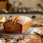 Freshly baked banana bread cooling on a wire rack, ready to be sliced.