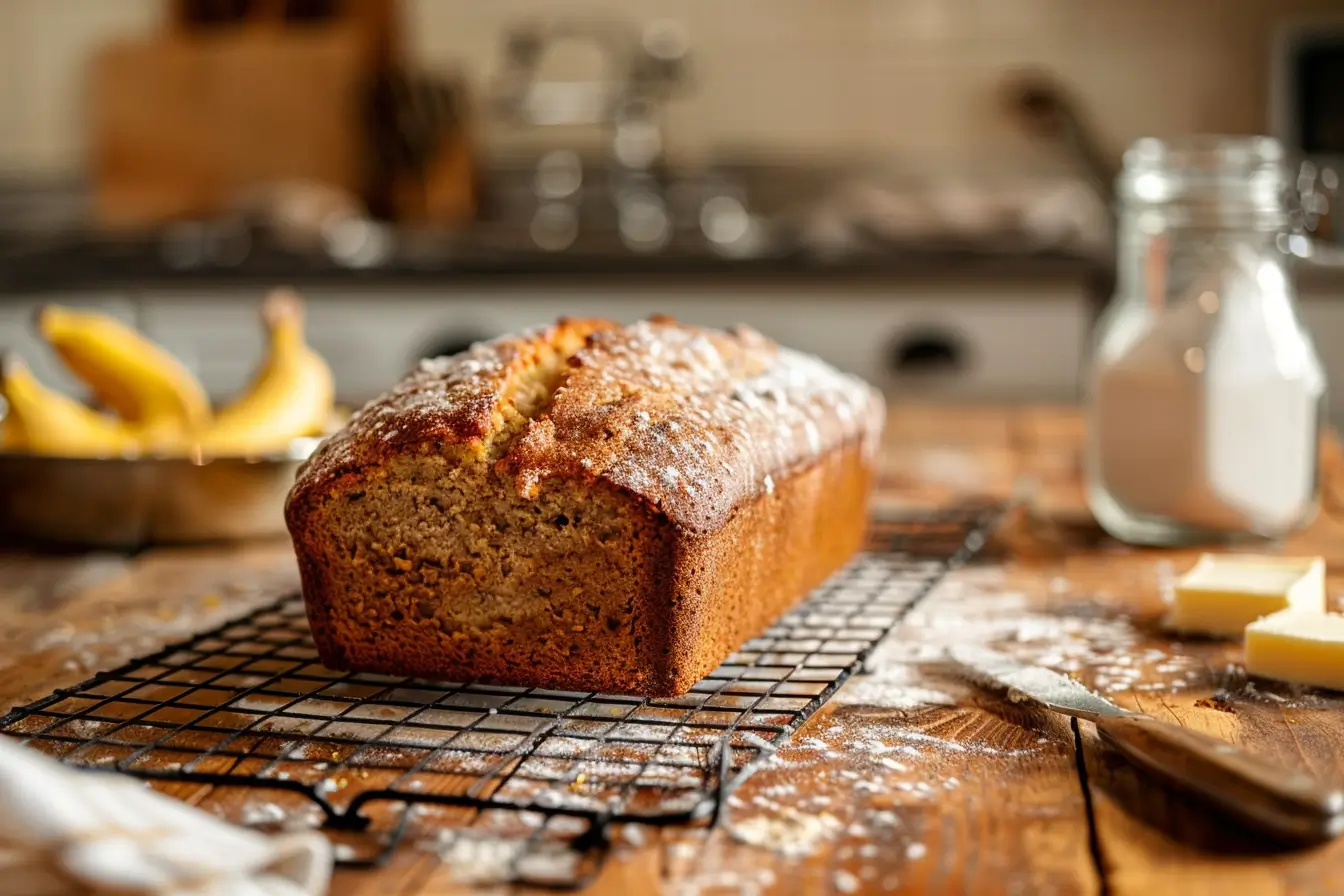 Freshly baked banana bread cooling on a wire rack, ready to be sliced.