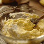 Banana being mashed in a bowl as an egg substitute for cake mix.