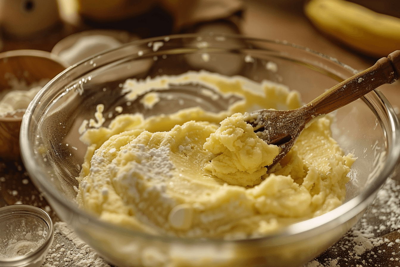 Banana being mashed in a bowl as an egg substitute for cake mix.