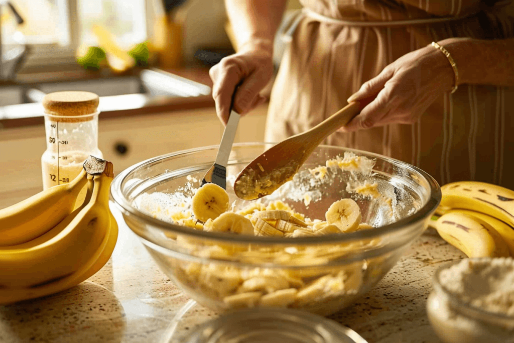 A baker mashing ripe bananas in a glass bowl, preparing them as an egg substitute for cake mix