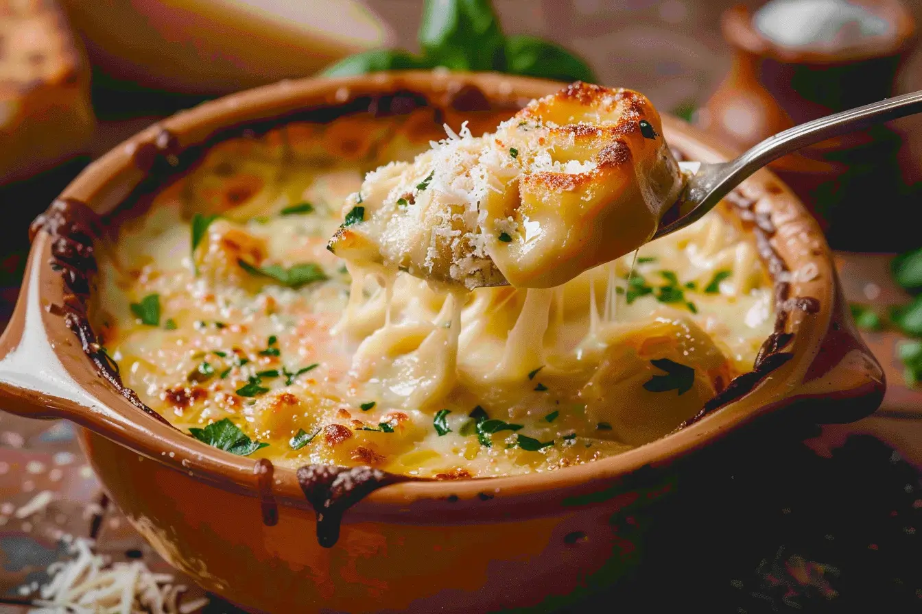 A steaming bowl of thick tortellini soup with cheese tortellini, fresh herbs, and a creamy broth, being stirred with a wooden spoon.