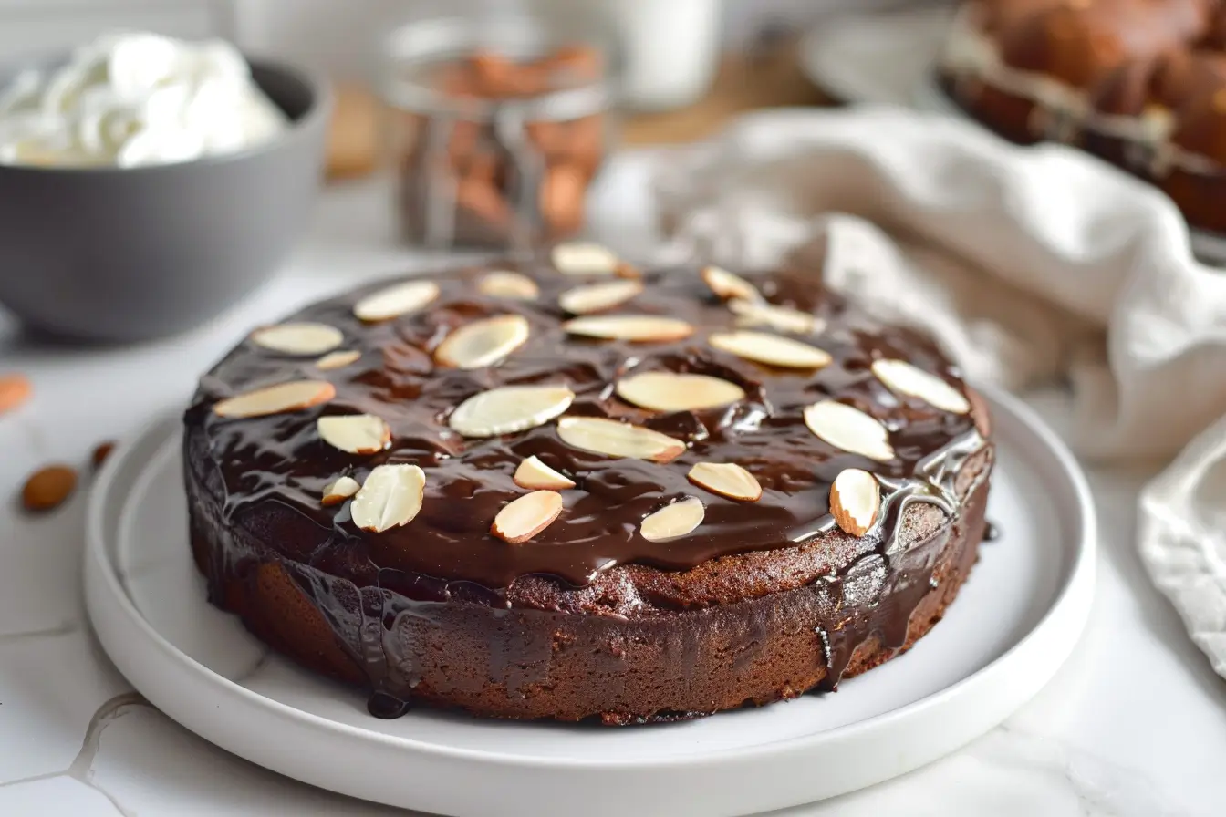 A rich and decadent Queen of Sheba cake with a glossy chocolate glaze, elegantly presented on a white plate with a side of whipped cream and almonds, inspired by Julia Child’s favorite cake.