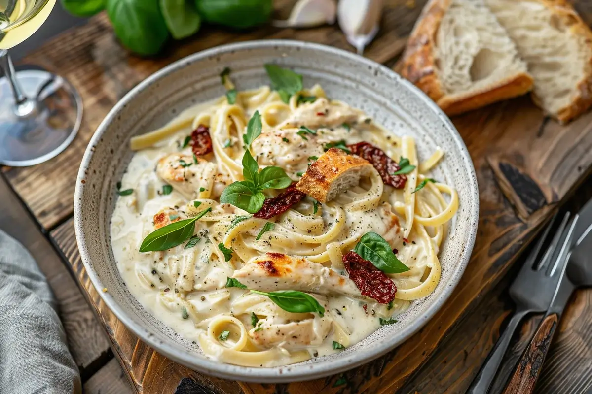 Fresh ingredients for Marry Me Chicken Pasta, including chicken breasts, sun-dried tomatoes, garlic, heavy cream, Parmesan cheese, and Italian seasoning.