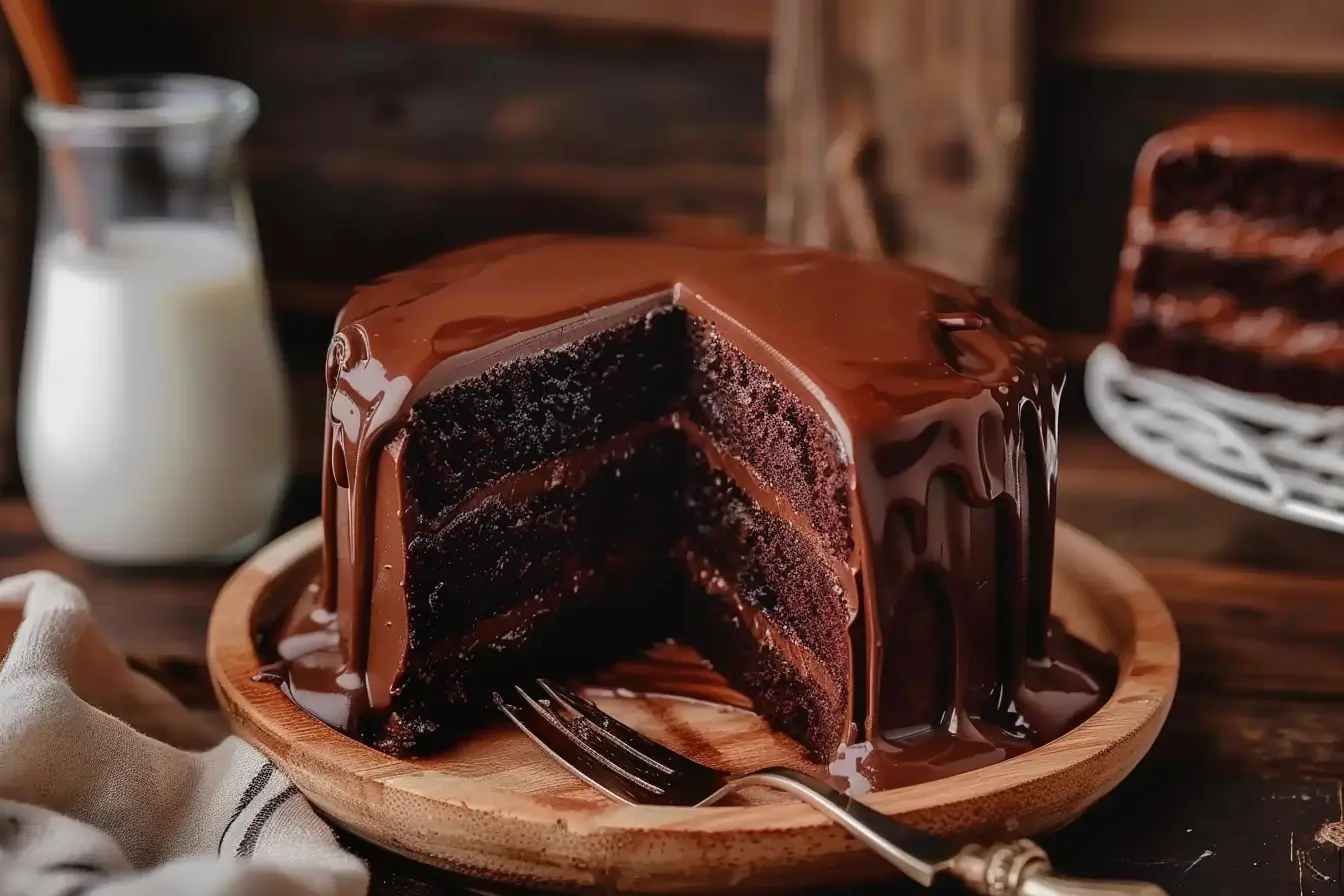 Rich and fudgy Matilda Chocolate Cake with glossy chocolate ganache, sliced to reveal its moist texture.