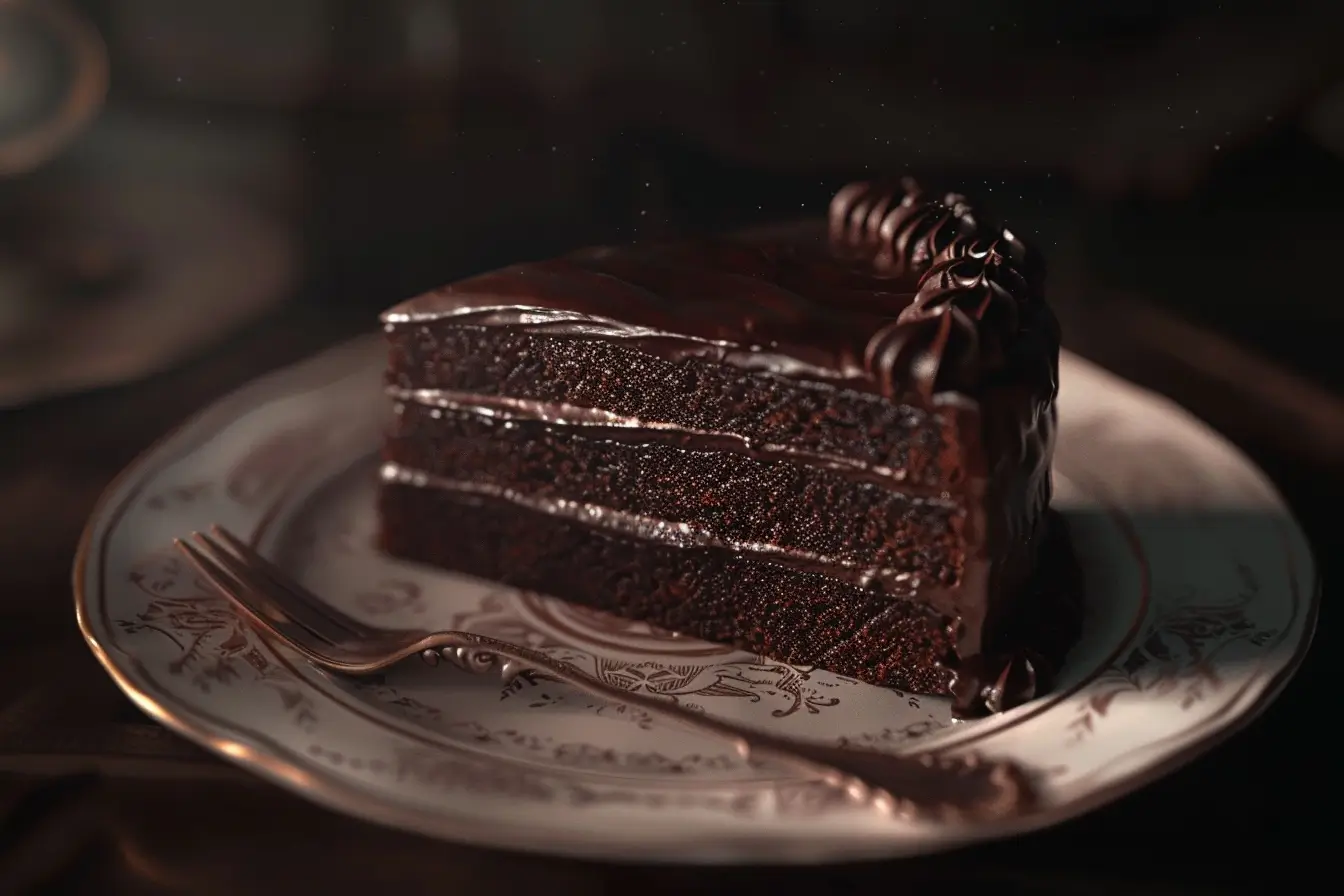 A rich, decadent Matilda Chocolate Cake with thick chocolate frosting and a moist texture, inspired by the iconic scene from the Matilda movie.