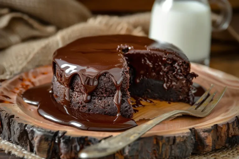 A rich and fudgy Matilda Chocolate Cake with a thick layer of glossy chocolate ganache, served on a rustic wooden plate with a bite taken out, showcasing its moist texture.