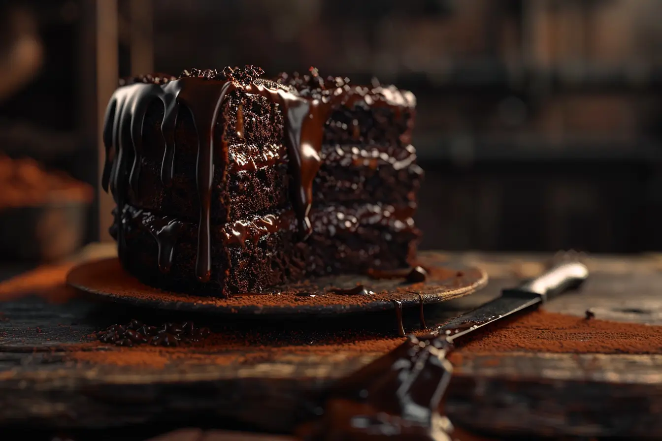 A rich, decadent chocolate cake inspired by the Matilda movie, topped with thick chocolate frosting and served on a rustic wooden table.