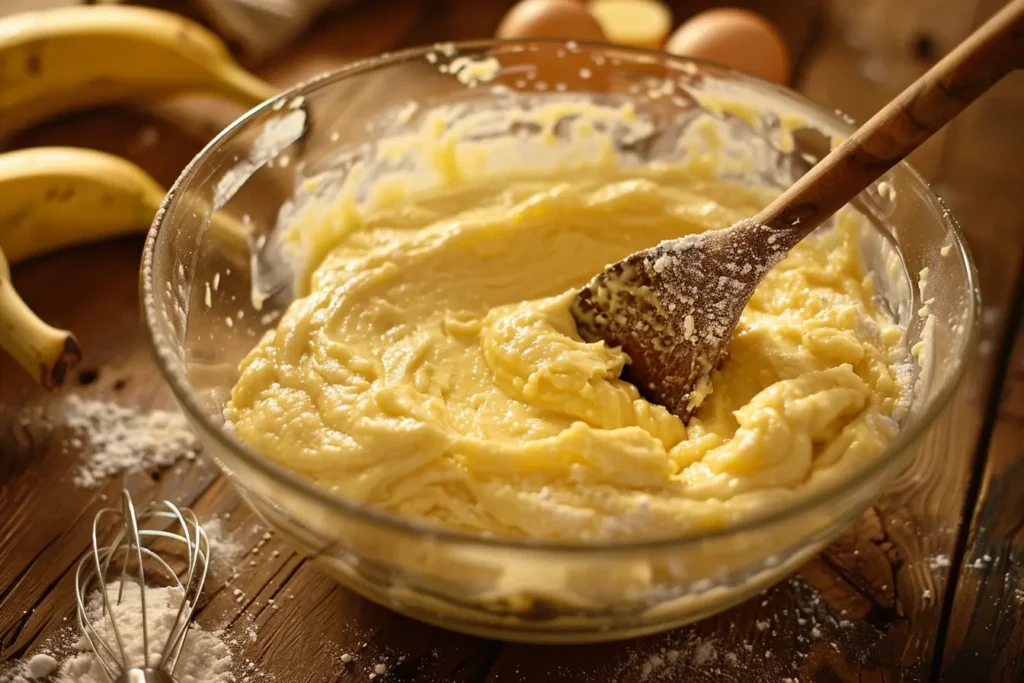 A bowl with mashed bananas, eggs, and cake mix being mixed together for an easy cake mix banana bread recipe.