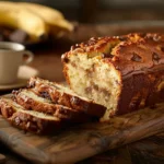 Freshly baked cake mix banana bread with a golden-brown crust, sliced on a wooden cutting board with ripe bananas and chocolate chips beside it.