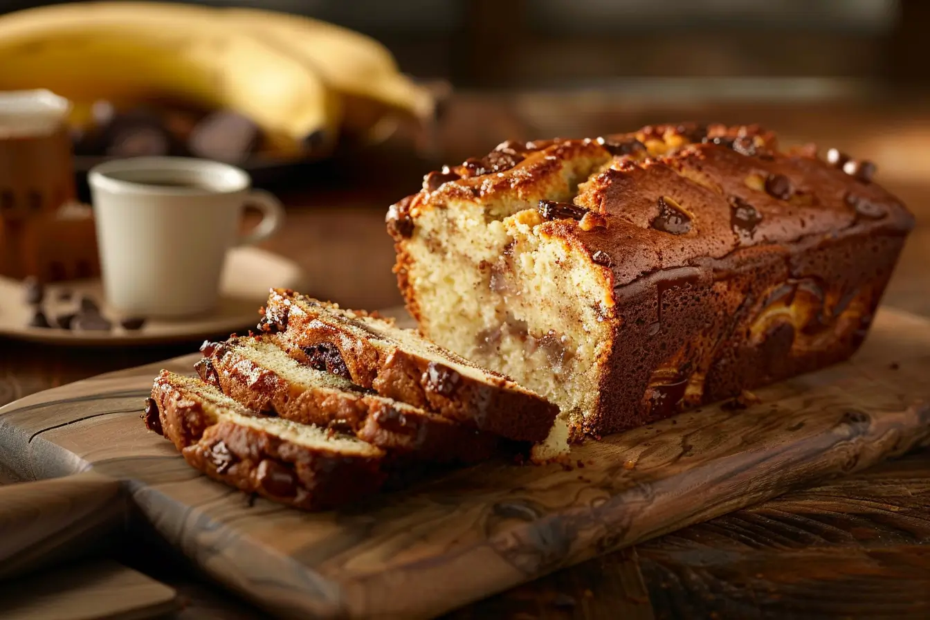 Freshly baked cake mix banana bread with a golden-brown crust, sliced on a wooden cutting board with ripe bananas and chocolate chips beside it.