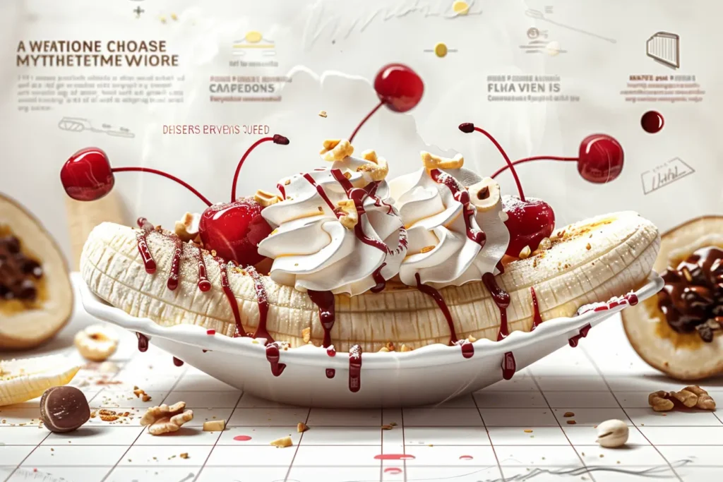 Nutritional breakdown of a banana split with calorie, sugar, fat, and protein content displayed alongside an image of the dessert.