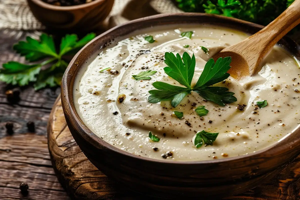 A creamy Parmesan sauce in a pan with a wooden spoon, garnished with fresh herbs.