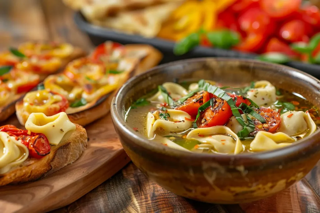 A rustic wooden table with a bowl of tortellini soup, a side of bruschetta, and a plate of roasted vegetables.