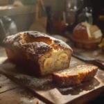 A freshly baked banana bread loaf with a golden-brown crust, sliced to reveal a moist, fluffy texture, placed on a rustic wooden table with ripe bananas in the background.