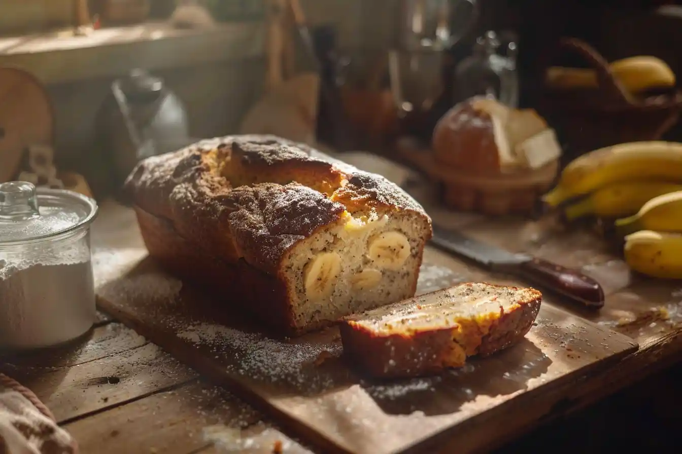 A freshly baked banana bread loaf with a golden-brown crust, sliced to reveal a moist, fluffy texture, placed on a rustic wooden table with ripe bananas in the background.