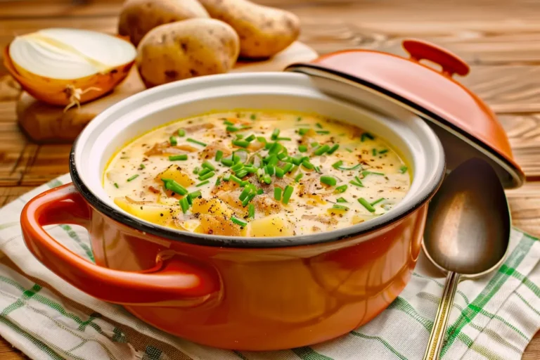 Potato Onion Soup 6 A steaming bowl of creamy potato onion soup with caramelized onions, garnished with fresh chives, served on a rustic wooden table.