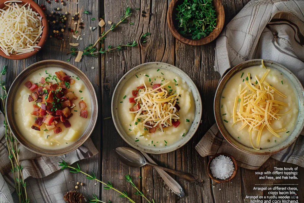 Potato Onion Soup 5 Three bowls of potato onion soup with different toppings: cheese, bacon, and herbs, arranged on a wooden table.