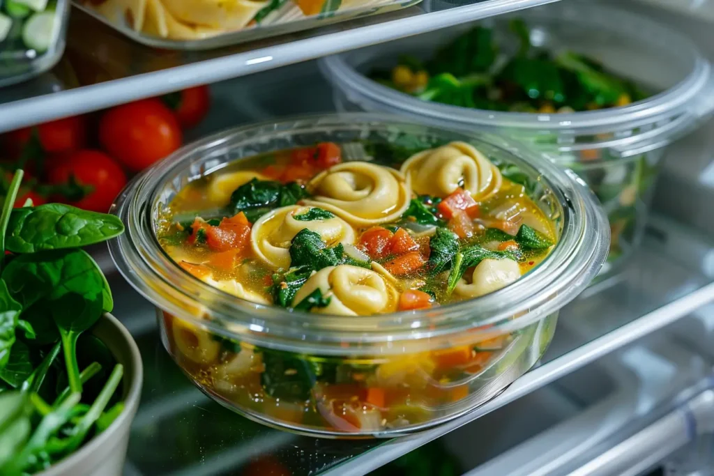 A glass container filled with freshly made tortellini soup, sealed and stored in a refrigerator.