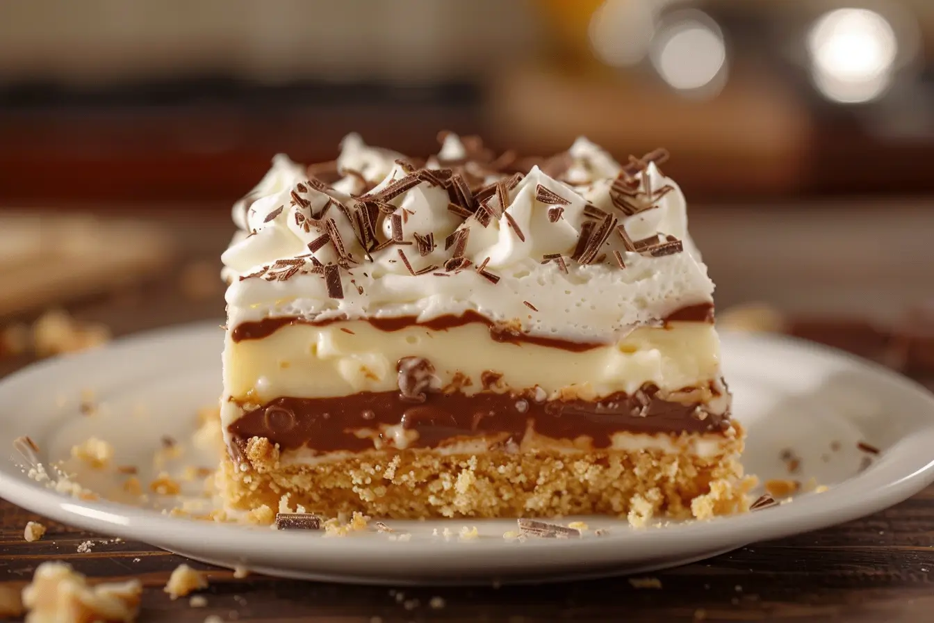 Layered Robert Redford Cake with creamy toppings and chocolate shavings, served on a white plate