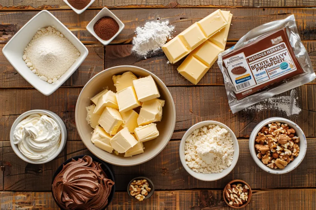 Ingredients for Robert Redford Cake displayed on a wooden counter, including butter, cream cheese, pudding, and nuts