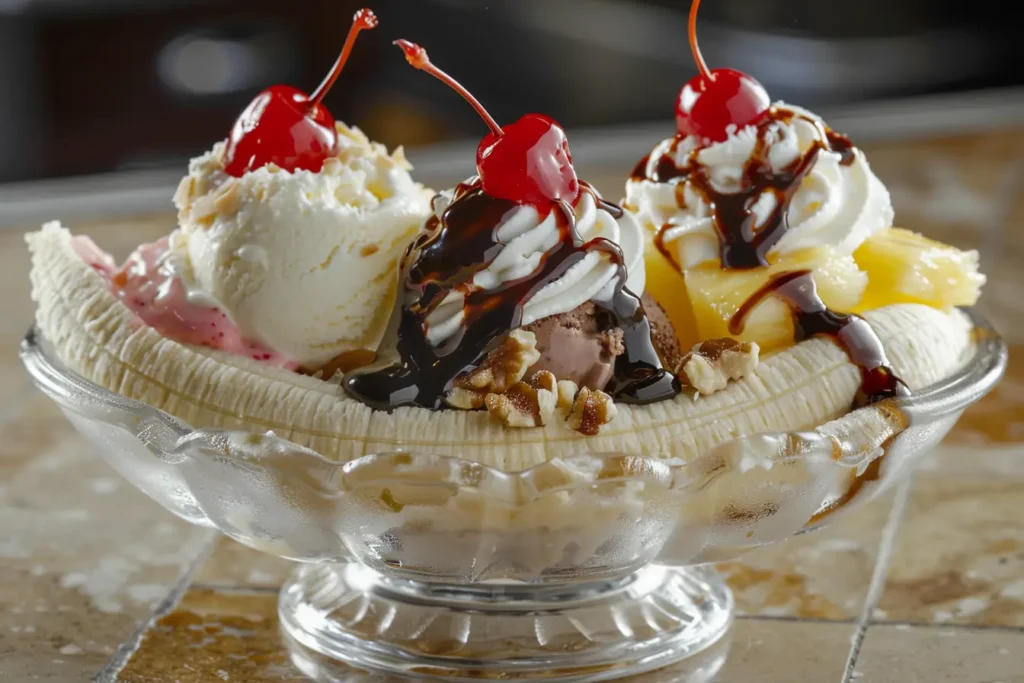 A vintage banana split with three scoops of ice cream, banana halves, chocolate syrup, strawberry sauce, pineapple, whipped cream, nuts, and cherries, served in a glass dish