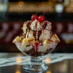 Classic banana split dessert with three scoops of ice cream, banana halves, chocolate syrup, pineapple, strawberry sauce, whipped cream, nuts, and cherries.