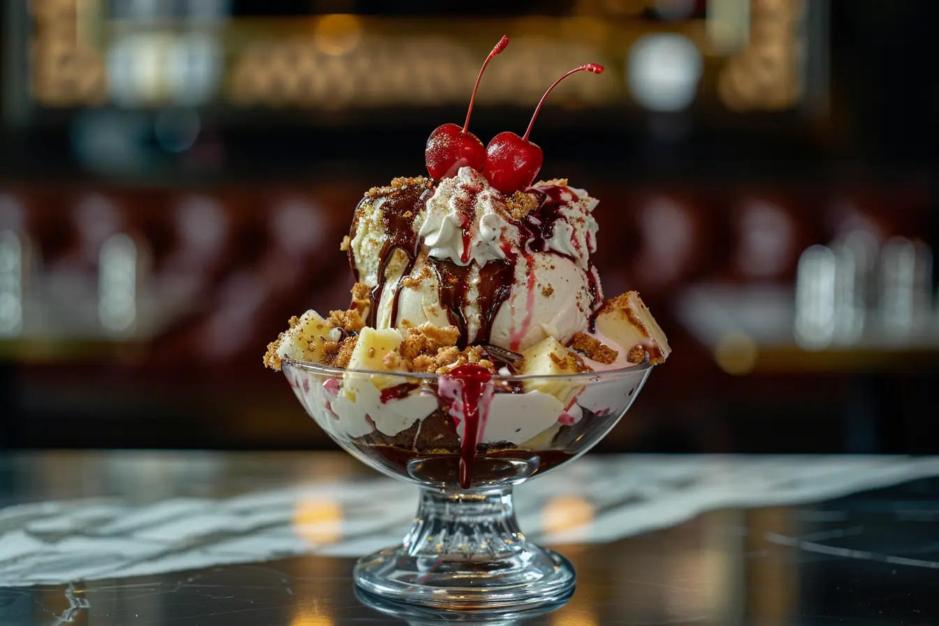 Classic banana split dessert with three scoops of ice cream, banana halves, chocolate syrup, pineapple, strawberry sauce, whipped cream, nuts, and cherries.