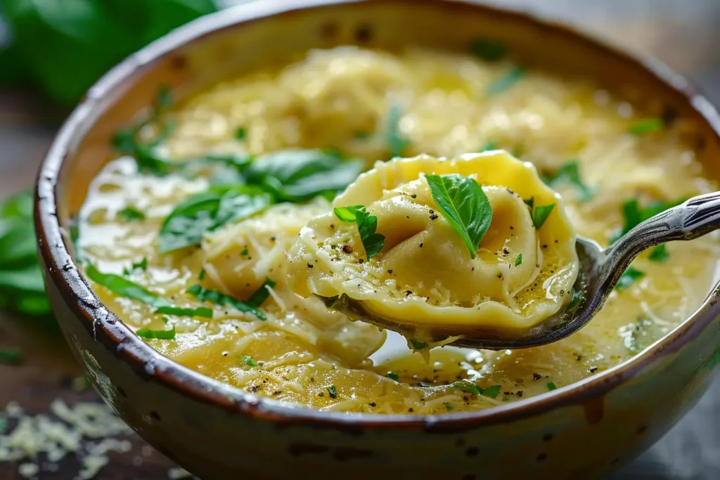 A thick and creamy tortellini soup in a rustic bowl, topped with Parmesan cheese and fresh basil, with a spoon lifting a rich, cheesy tortellini.