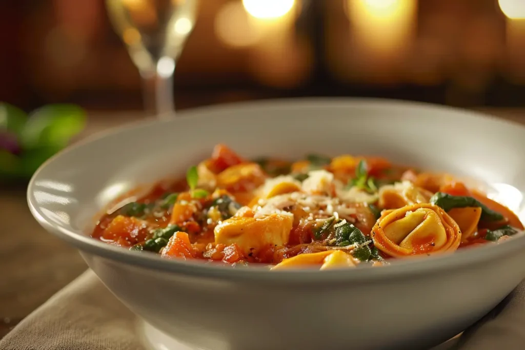 A serving of tortellini soup in a white bowl, showing cheese-filled tortellini, a rich tomato broth, and fresh vegetables.