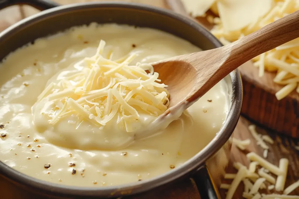 A saucepan with a smooth, creamy white cheddar cheese sauce being stirred with a wooden spoon.