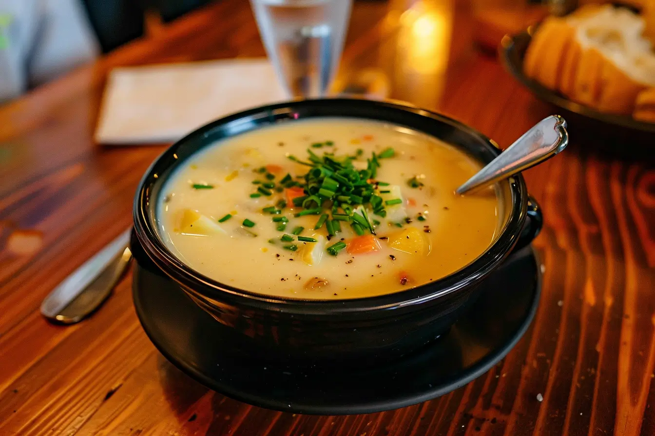 A steaming bowl of Julia Child’s favorite potato leek soup, garnished with fresh chives, on a rustic wooden table.