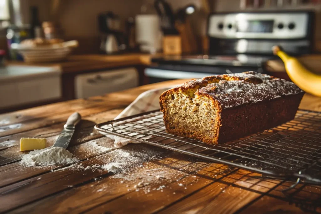 A close-up of freshly baked banana bread with a knife slicing through, revealing a moist texture inside.