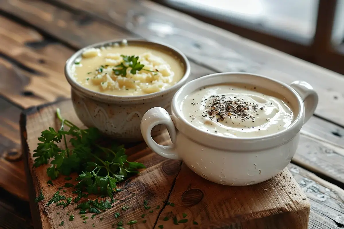 A rich Alfredo sauce and cream sauce side by side in white bowls, garnished with fresh herbs, placed on a rustic wooden table.