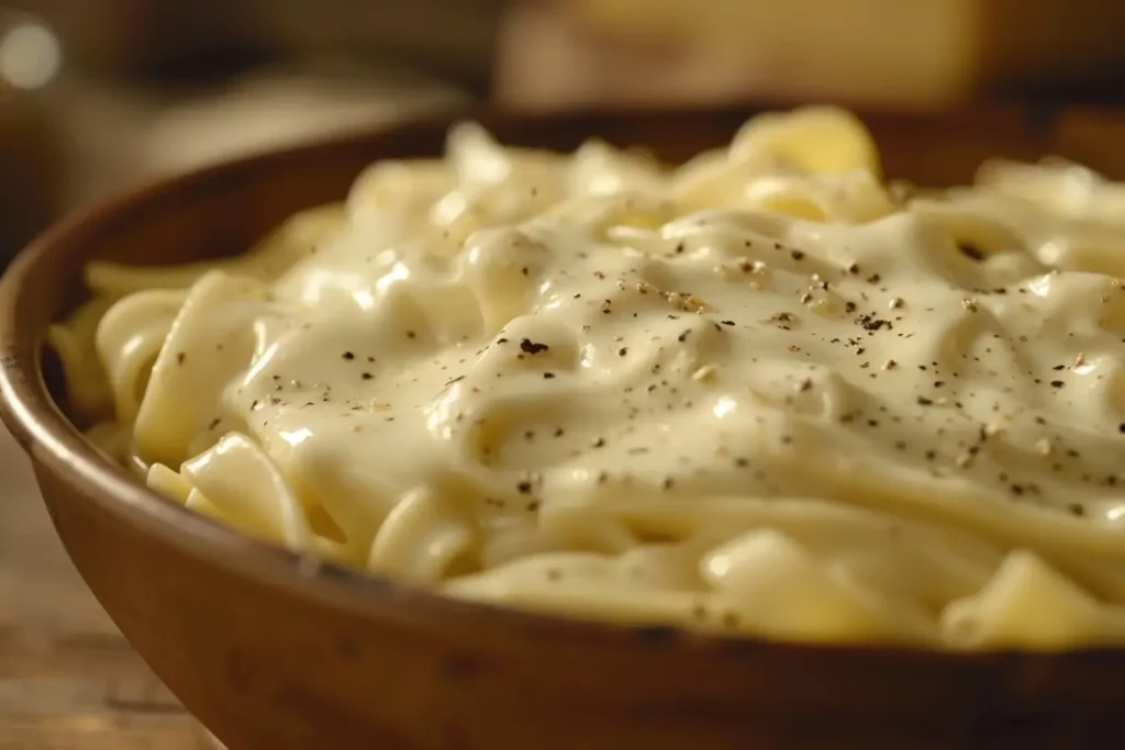 Close-up of melted white cheddar cheese being poured over cooked pasta.