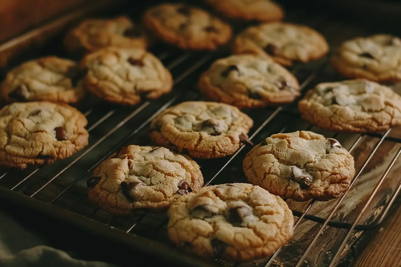 A batch of freshly baked chocolate chip cookies made without brown sugar on a cooling rack.